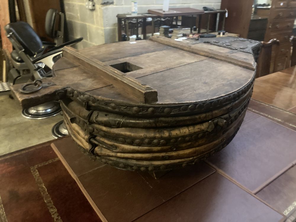 A set of 17th century Spanish anvil bellows, length 130cm width 80cm height 49cm